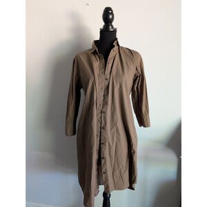 Uniqlo Brown Cotton Shirt Dress Women's Small Button Front Collared Midi Tunic